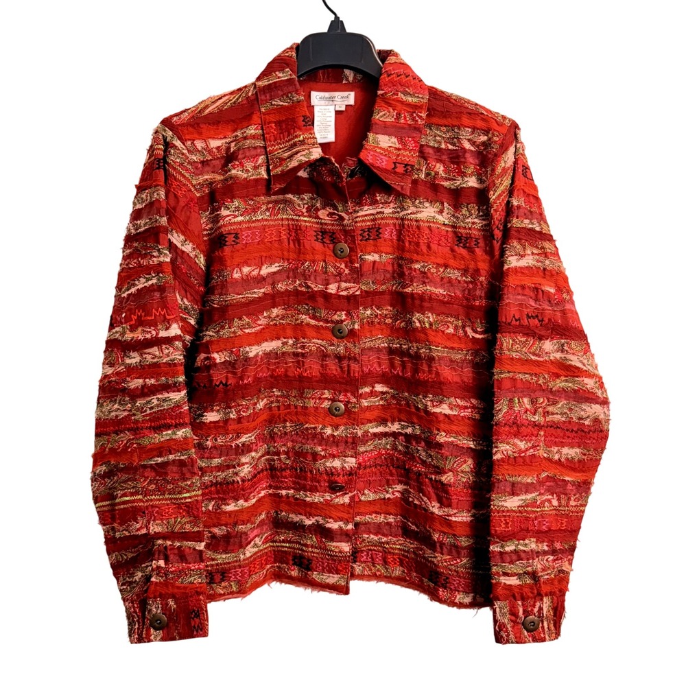 Coldwater Creek Red Embroidered Frayed Ribbon Boho Jacket Womens Medium Lined